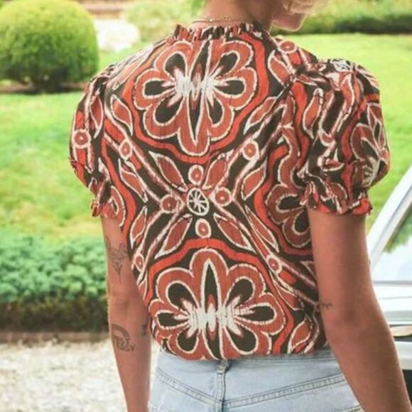 ~Rare The Odells Med Boho Top Vneck Tie Ruffle Short Balloon Sleeve Brown Rust - Picture 8 of 16
